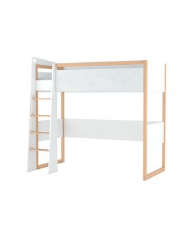 Łóżko piętrowe w kolorze białym z dębowymi wstawkami w drabince i narożnikach. 