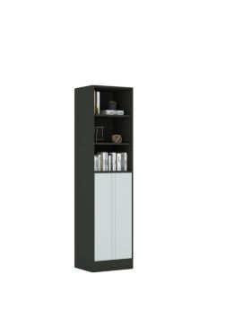 regał na książki. regał częściowo zamknięty. szafka z półkami.