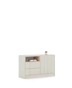 Komoda  linii mebli Mode z kolekcji Kaszmir , w kolorze beżowym, z  drewnianą półką i dwiema szufladami.